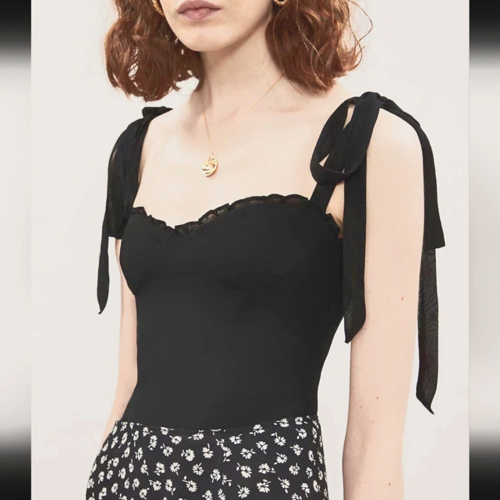 Reformation Blanca Sweetheart Neckline Tie Straps Stretch Smocked Tank Top Black